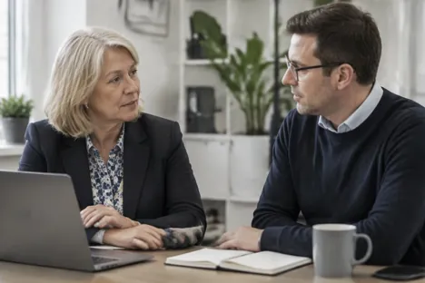 Two colleagues talking beside a laptop in a business office