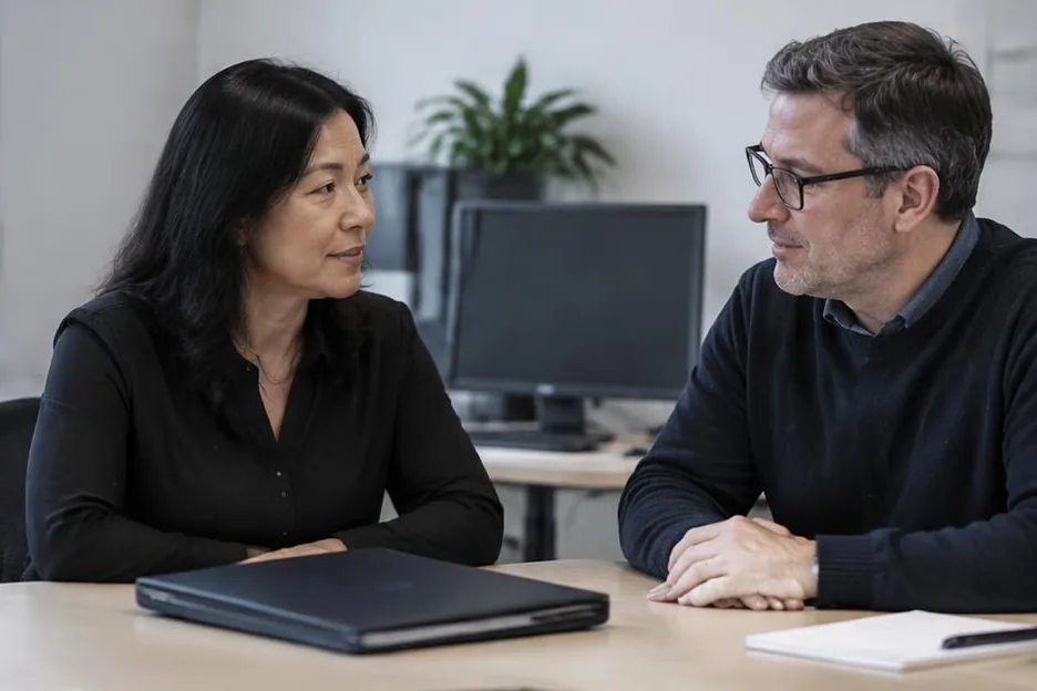 Two colleagues discussing performance over a closed office folder