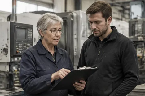 Two colleagues reviewing a clipboard beside engineering machinery