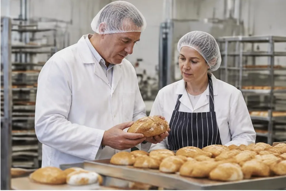 Two colleagues checking a loaf on a bakery production bench