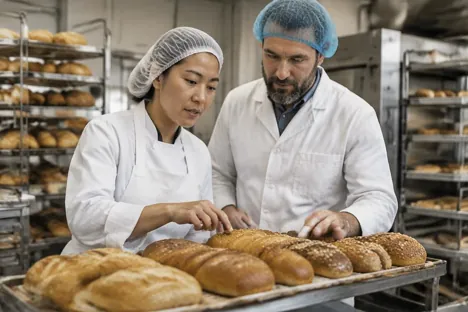 Two colleagues checking bread quality on a commercial bakery bench
