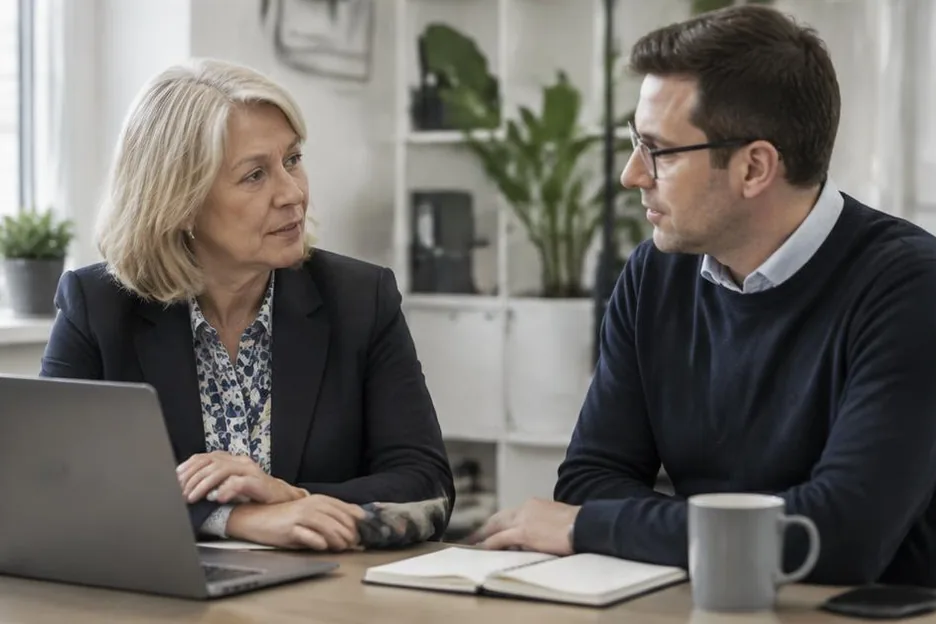 Two colleagues talking beside a laptop in a business office