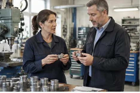Two colleagues discussing supplied components in an engineering workshop