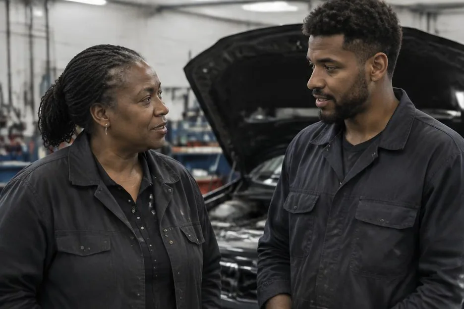 Two generations of colleagues discussing work beside a vehicle engine