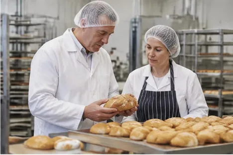 Two colleagues checking a loaf on a bakery production bench