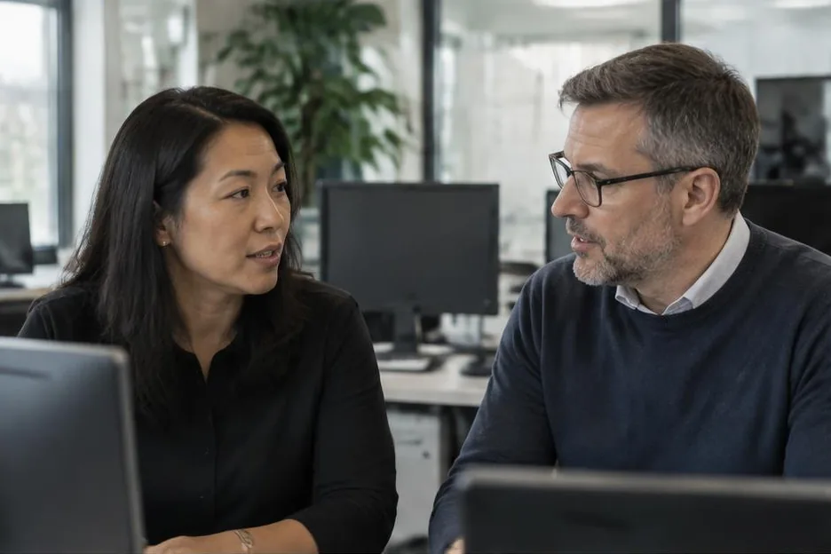 Two colleagues discussing continuity beside a laptop in a technology office