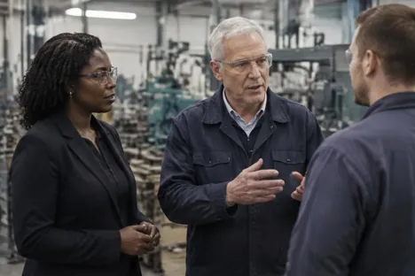 Three colleagues discussing leadership on an engineering workshop floor
