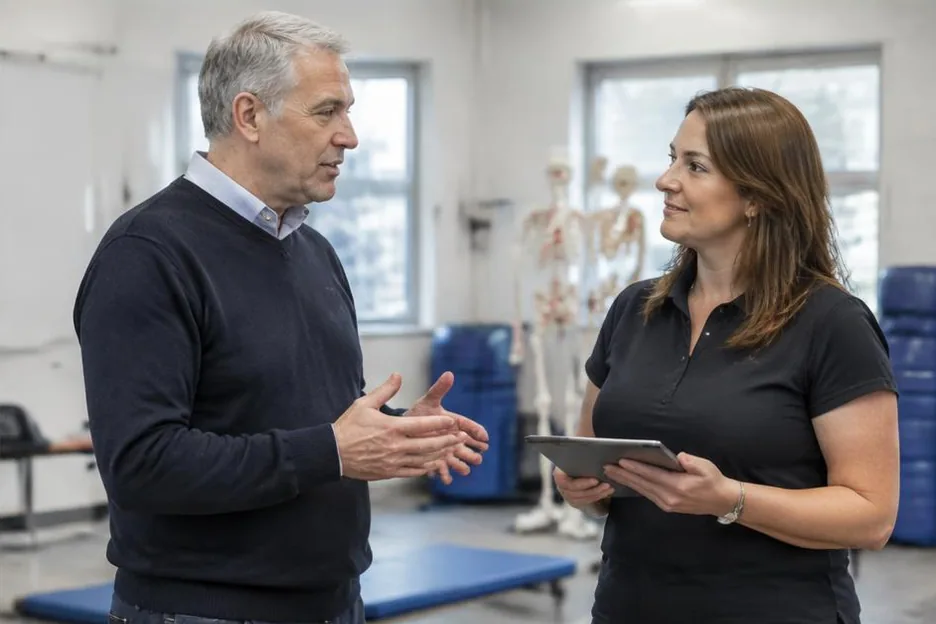 Two colleagues discussing responsibilities in a practical training centre