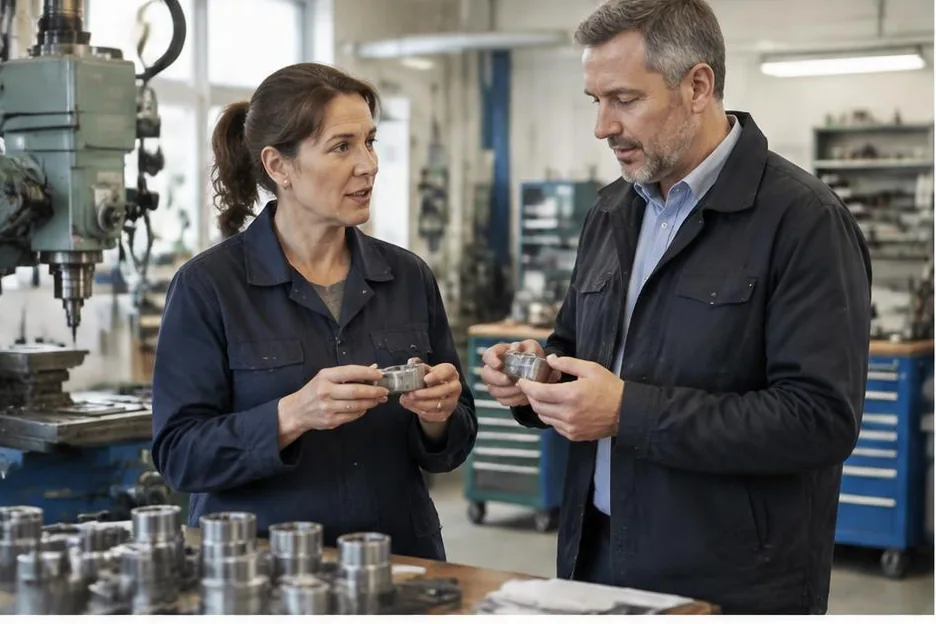 Two colleagues discussing supplied components in an engineering workshop