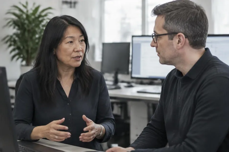 Two colleagues discussing plans at a table in an established technology office
