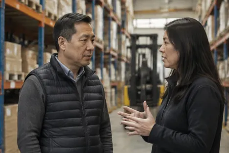 Two colleagues discussing responsibilities between warehouse shelves