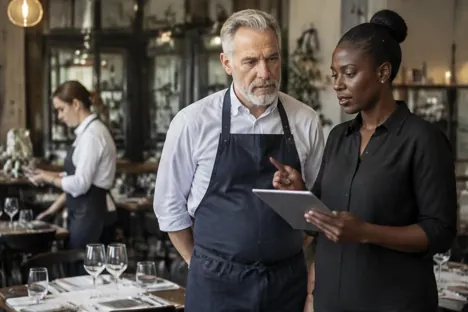 Two colleagues reviewing service preparations in a restaurant