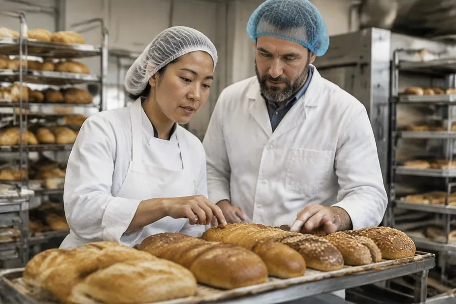 Two colleagues checking bread quality on a commercial bakery bench