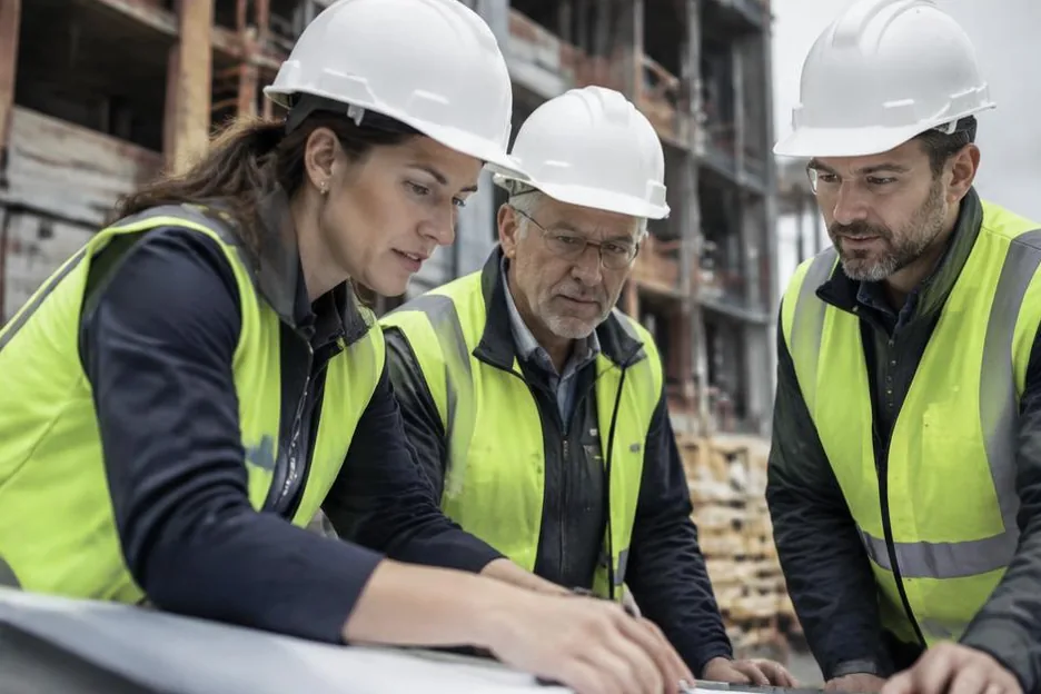 Three colleagues discussing work at a contractor workshop bench