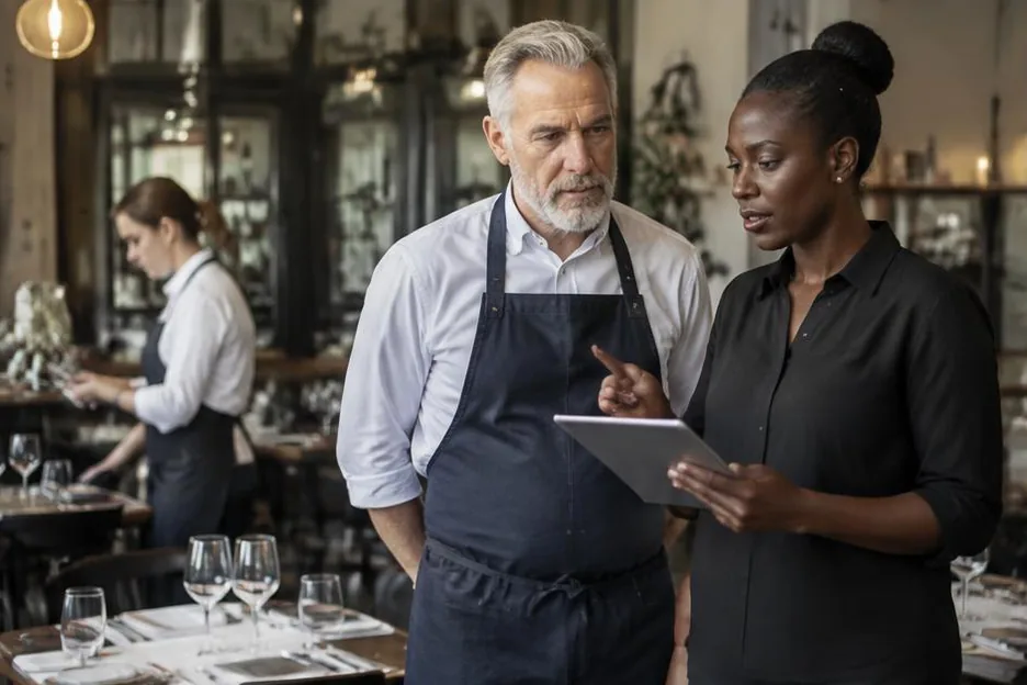 Two colleagues reviewing service preparations in a restaurant