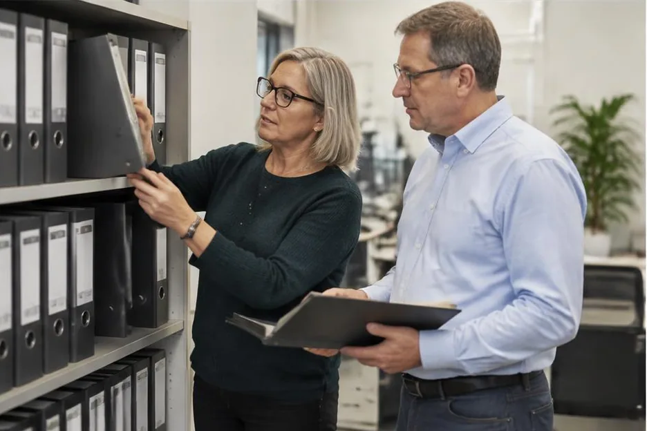 Two colleagues organising records on shelves in a business office