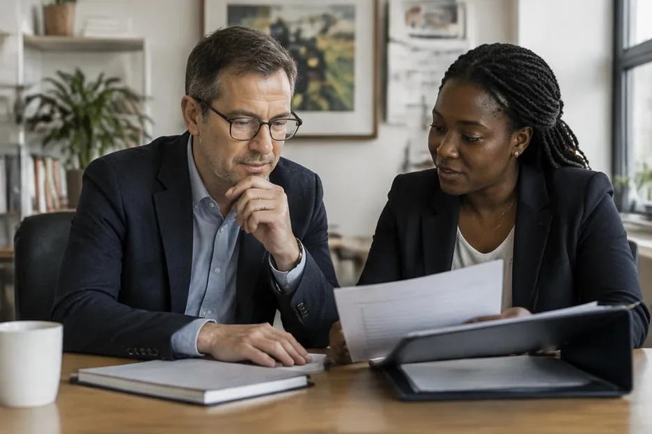 Two colleagues reviewing organised paperwork at a business office table