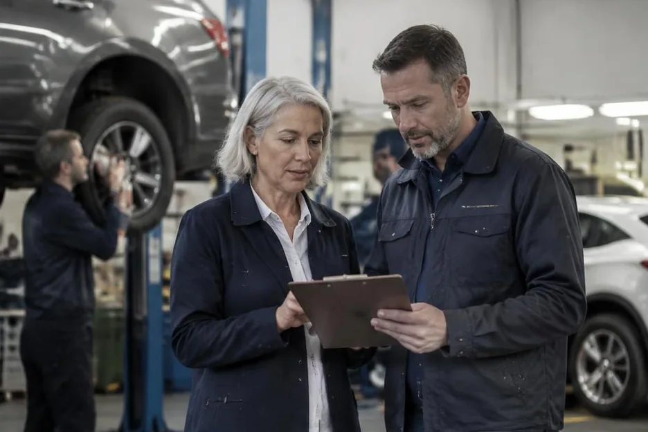 Two colleagues inspecting a tablet in a vehicle workshop