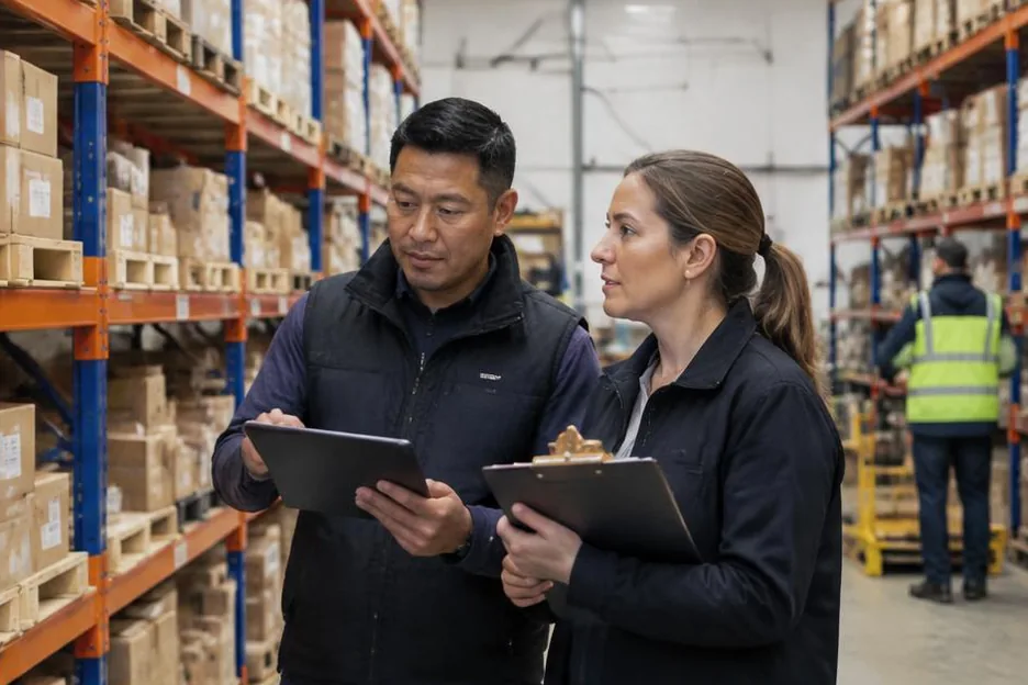 Two colleagues reviewing orderly warehouse fulfilment
