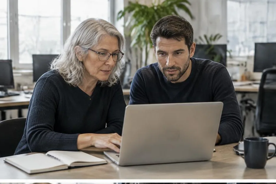 Two colleagues reviewing a laptop together in an established office