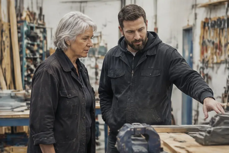 Two colleagues inspecting work at a timber production bench