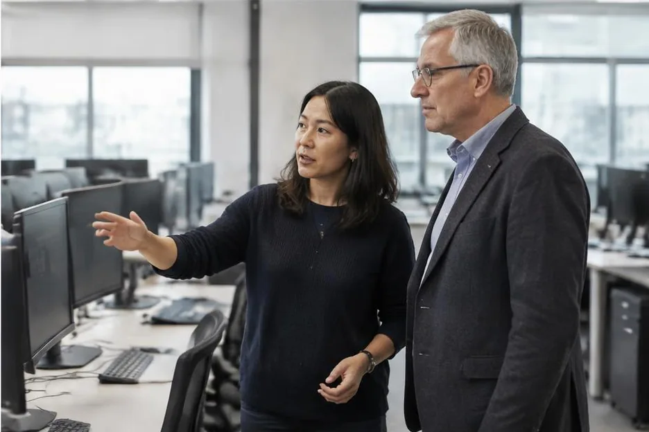 Two colleagues checking workstations in an established business office