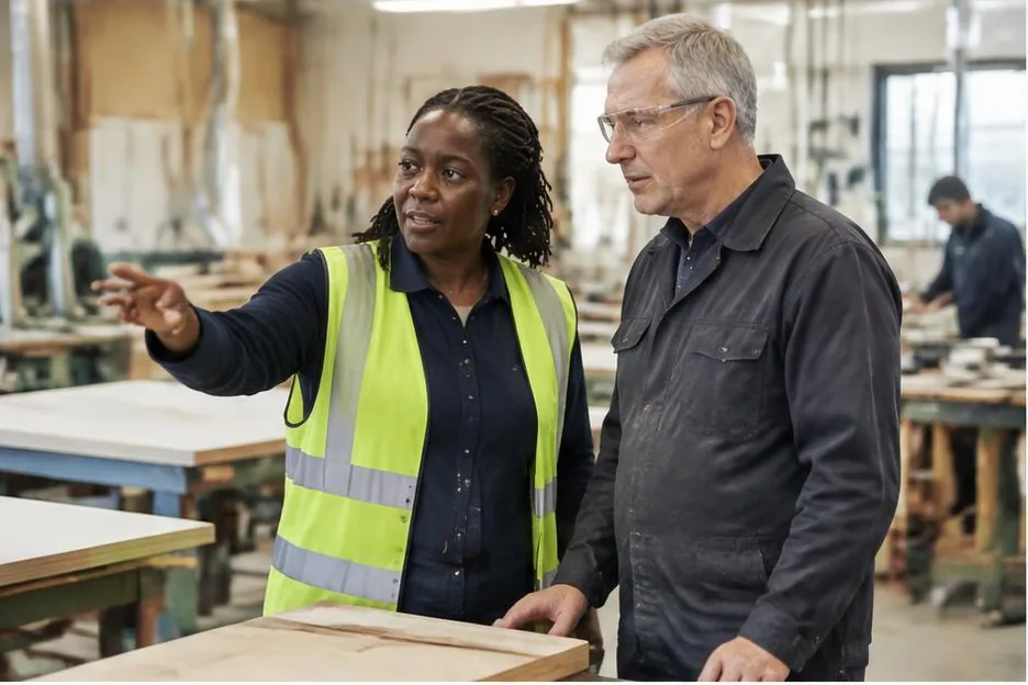 Two colleagues discussing a timber-workshop process