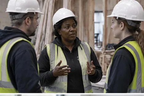 An experienced manager leading two colleagues on a contractor workshop floor