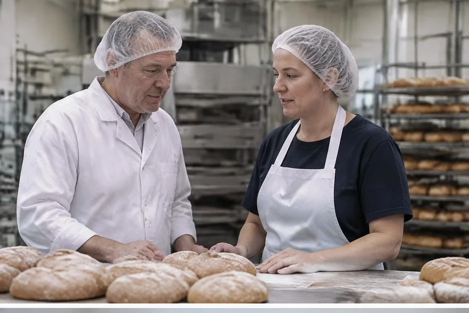 Two colleagues reviewing future responsibilities at a commercial bakery bench