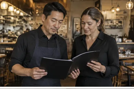 Two colleagues discussing a folder in a restaurant