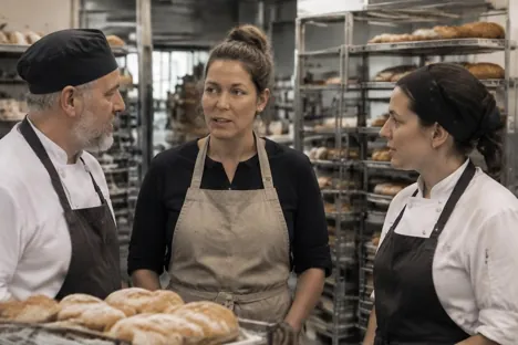 An experienced supervisor discussing bakery operations with two colleagues