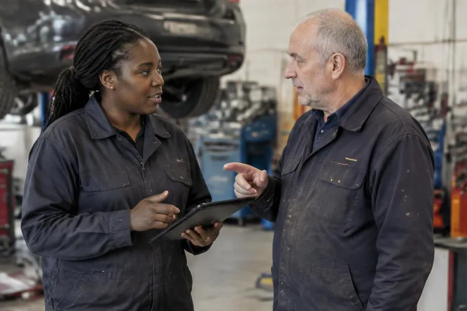 Two experienced colleagues discussing a tablet in a vehicle workshop