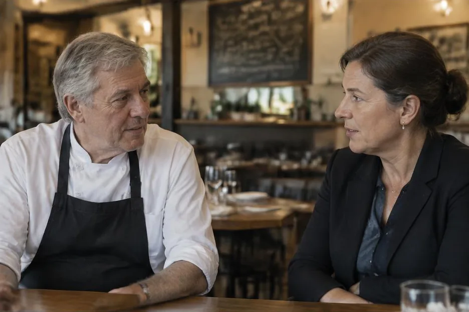 Two experienced colleagues talking quietly in a restaurant