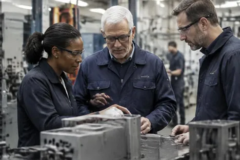 Three colleagues reviewing production at an engineering workbench