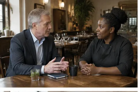 Two colleagues discussing future plans at a quiet restaurant table
