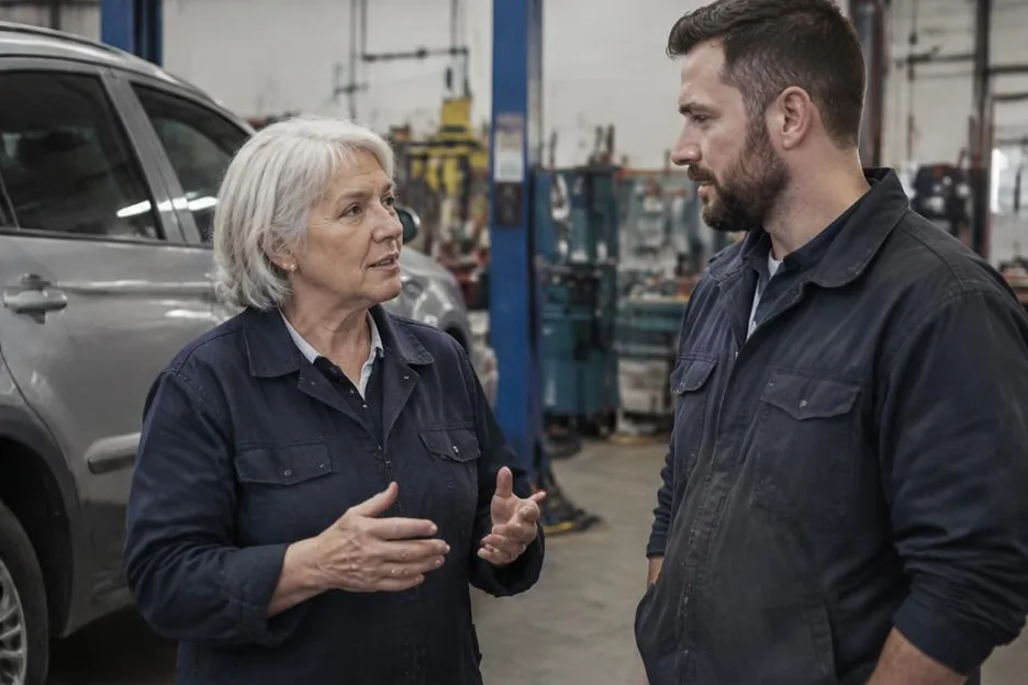 Two generations of colleagues discussing work in a vehicle workshop