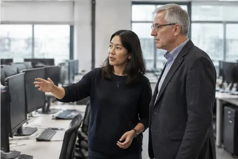 Two colleagues checking workstations in an established business office