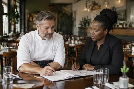 Two colleagues reviewing a folder at a quiet restaurant table