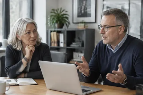 Two senior colleagues discussing responsibilities at an office table