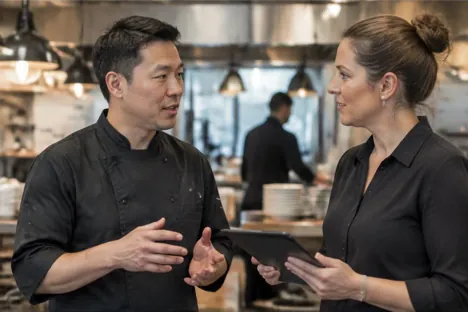 Two colleagues discussing operational cover before restaurant service