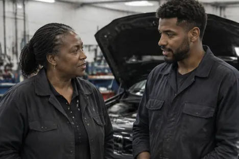 Two generations of colleagues discussing work beside a vehicle engine