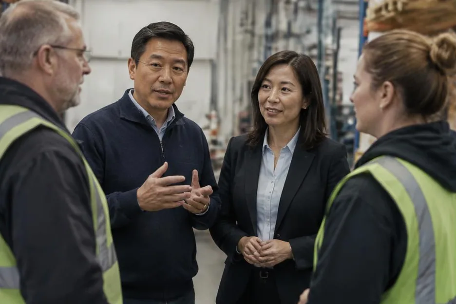 Four colleagues discussing responsibilities in a practical training business