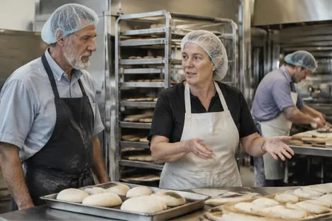 Two experienced colleagues discussing bakery production while staff work nearby