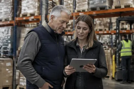 Two generations of colleagues reviewing operations in a warehouse