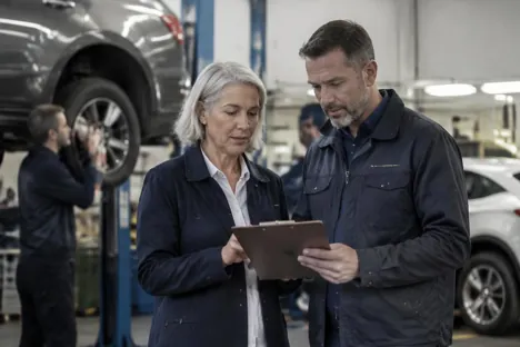 Two colleagues inspecting a tablet in a vehicle workshop