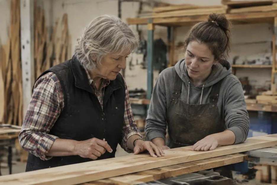 Two generations of colleagues considering a drawing at a timber workbench