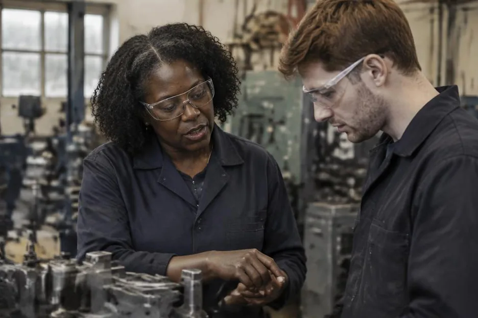 Two colleagues examining work at an engineering bench