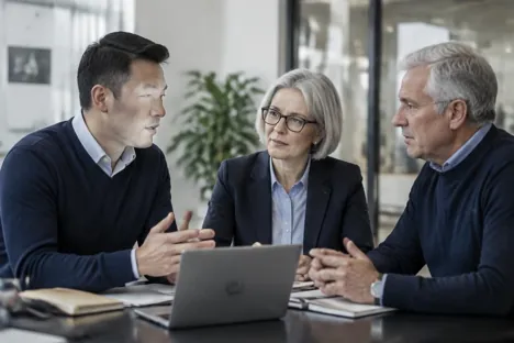 Three senior colleagues discussing plans in a training-company office
