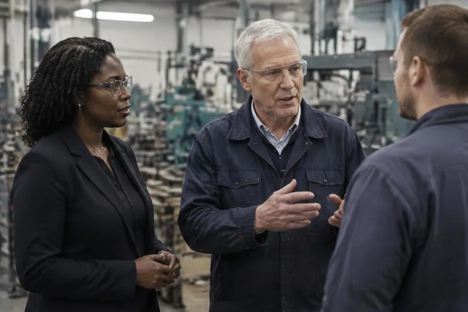 Three colleagues discussing leadership on an engineering workshop floor