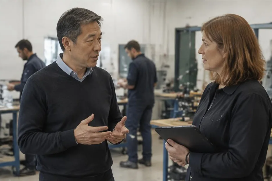 Two colleagues discussing business performance in a training workspace